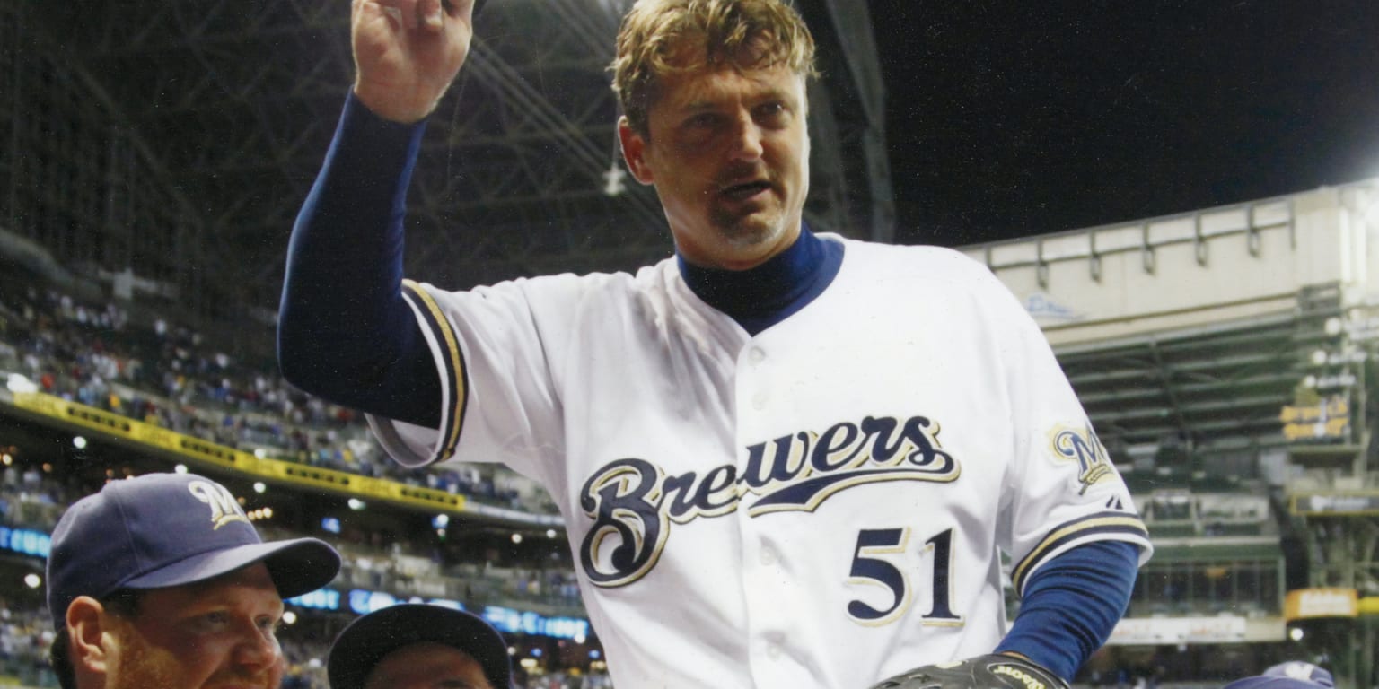 Milwaukee Brewers relief pitcher Trevor Hoffman (51) gets the save during  the game between the Colorado Rockies and Milwaukee Brewers at Miller Park  in Milwaukee. The Brewers won 7-5. (Credit Image: ©