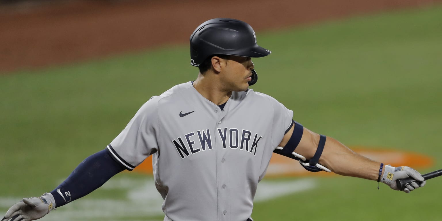 Giancarlo Stanton before the Yankees first intrasquad game 