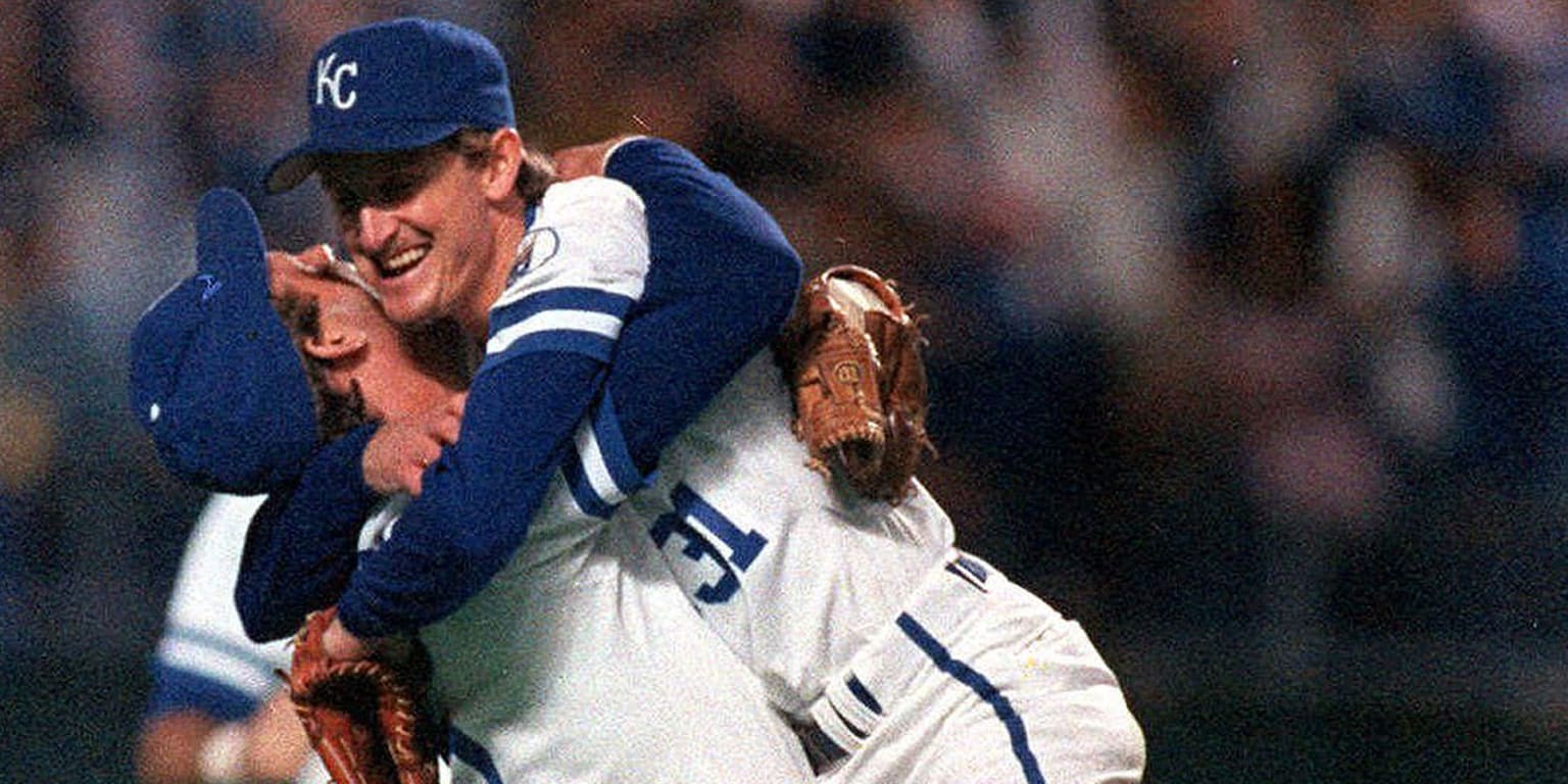 Kansas City Royals Pitcher Bret Saberhagen embraces Royals third baseman  George Brett after pitching a five-hitter to give the Royals the World  Series crown over the St. Louis Cardinals at night, Sunday