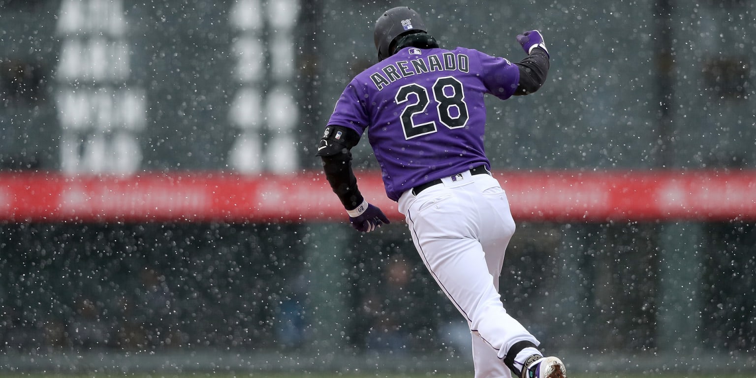 Colorado Rockies third baseman Nolan Arenado smiles as he holds up