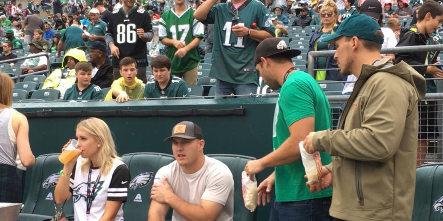 Mike Trout went to the Eagles game, so they gave him a baseballthemed