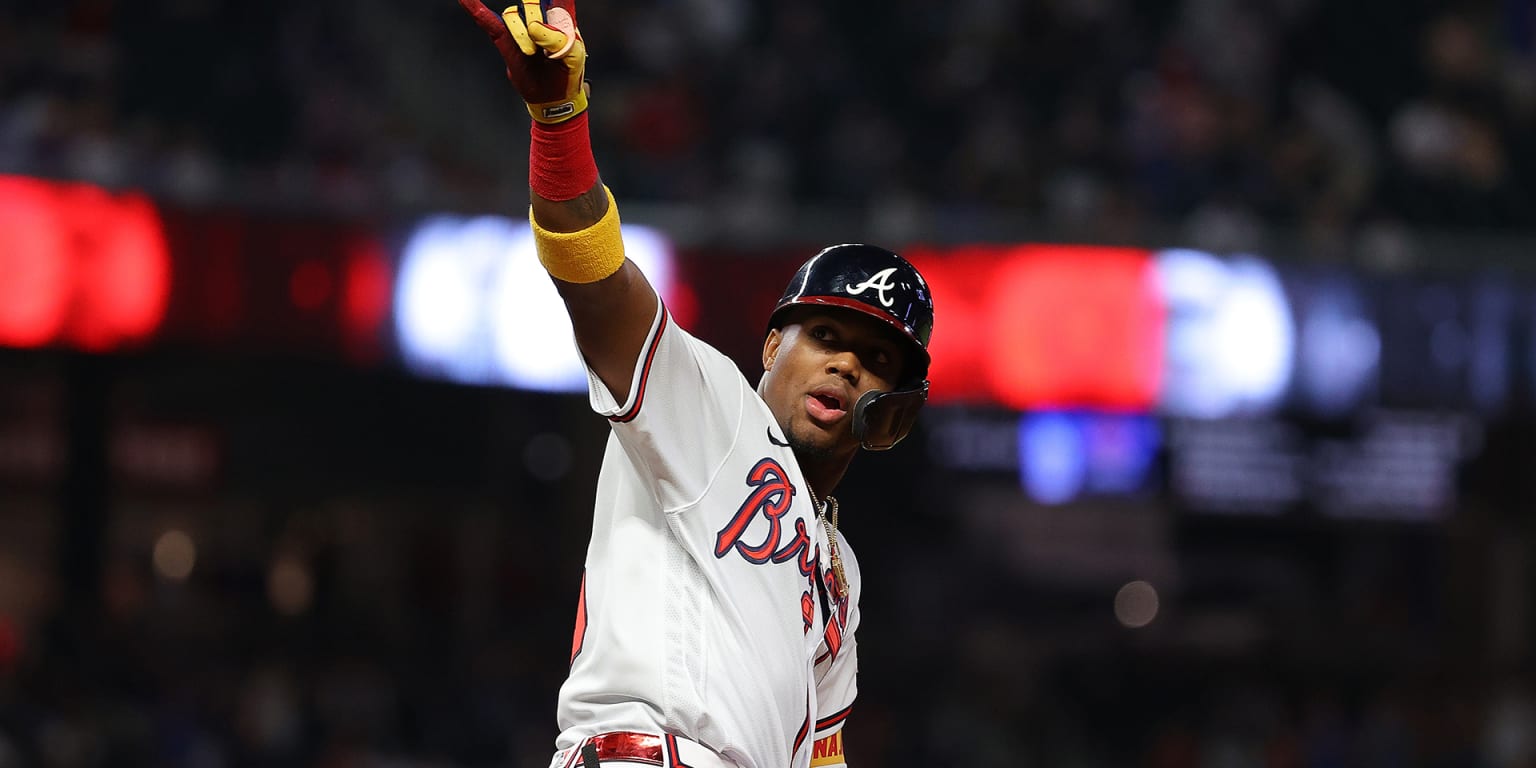 April 29, 2021: Atlanta Braves outfielder Ronald Acuna Jr. runs to first  base after hitting a single during the seventh inning of a MLB game against  the Chicago Cubs at Truist Park