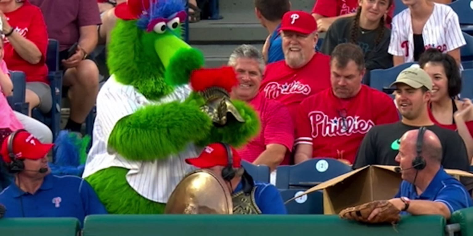 The Phillie Phanatic dressed John Kruk as a gladiator during a