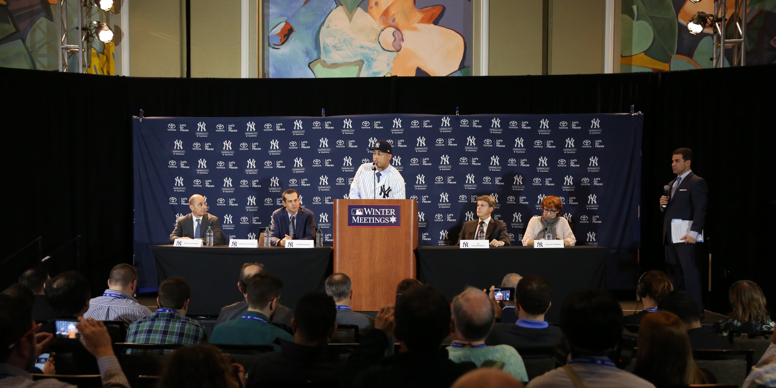 Giancarlo Stanton, in Yankee introduction, tells Marlins fans: 'Maybe watch  from afar