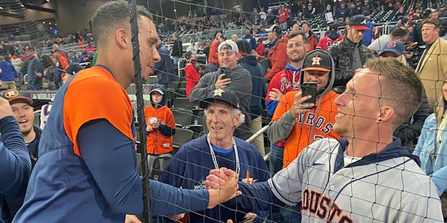 Myles Straw visits former Astros teammates at World Series