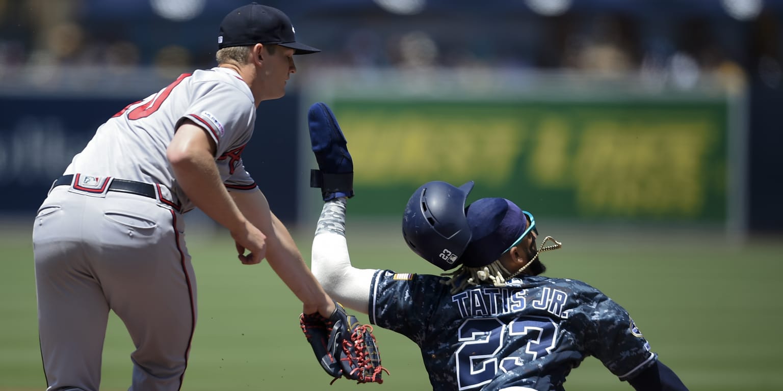 A detail view of San Diego Padres' Fernando Tatis Jr.'s Air Jordan