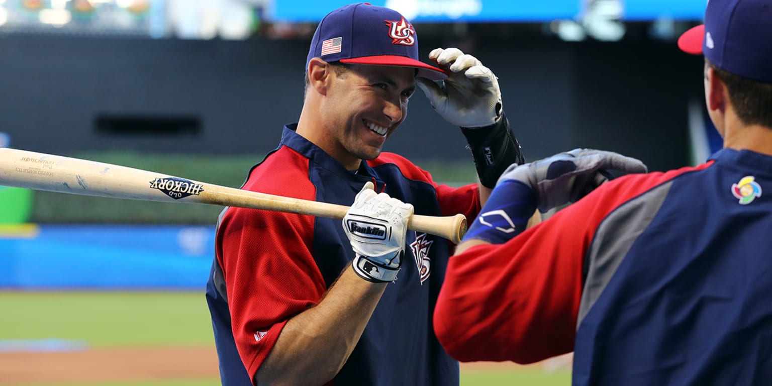 SCOTTSDALE, AZ - MARCH 08: Team USA first basemen Paul Goldschmidt (46)  smiles prior to a Spring Training exhibition game against the San Francisco  Giants at Scottsdale Stadium on March 08, 2023