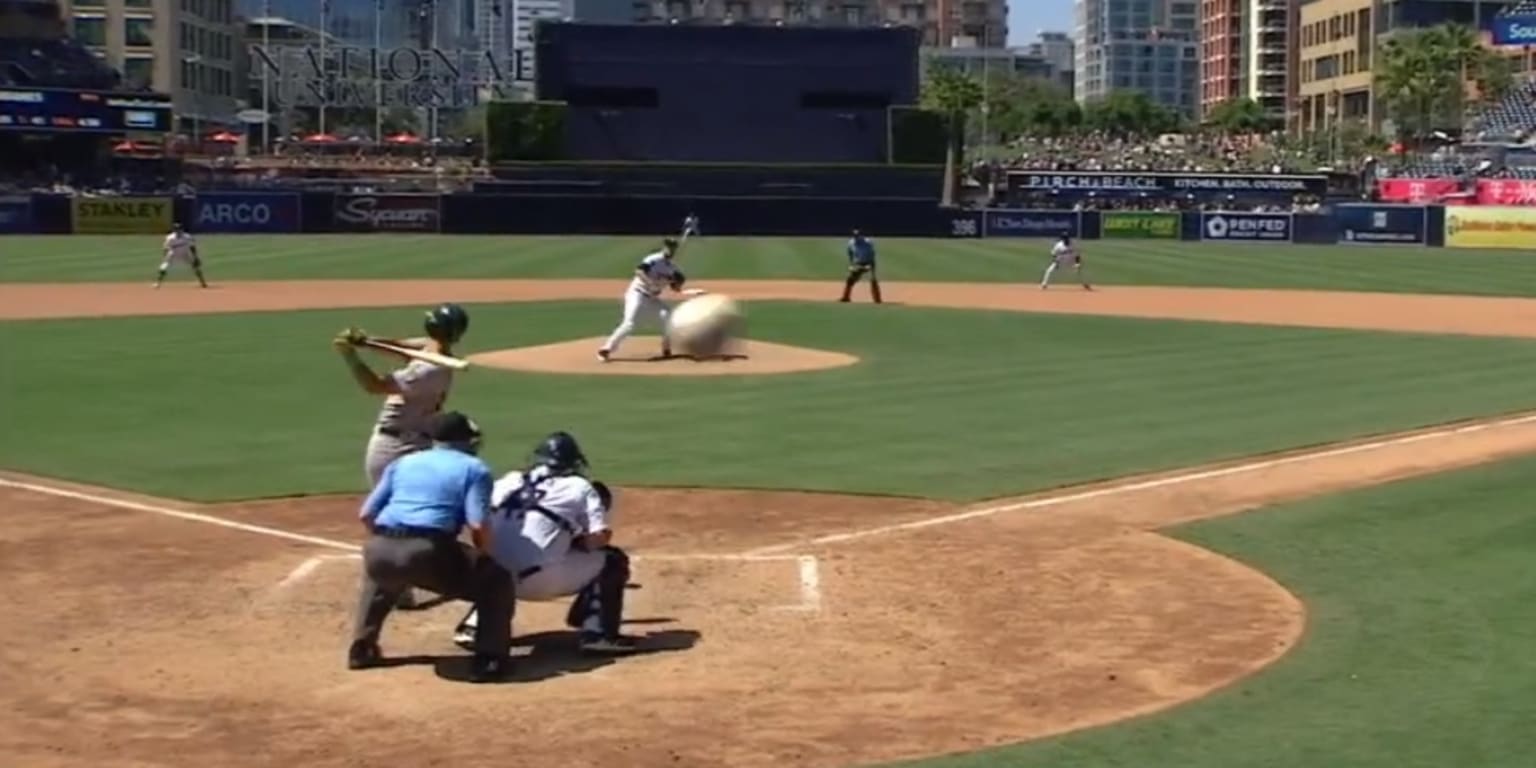 Chad Pinder smoked a foul ball behind him that left a Petco Park