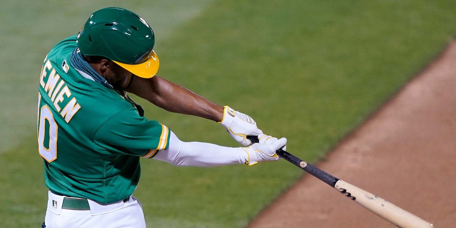 A's Marcus Semien (side) feels 'a little better,' swinging a bat