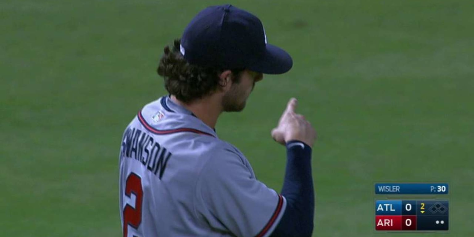 The Braves' Dansby Swanson high fives teammates prior to a game against the  Arizona Diamondbacks on Monday, Aug…