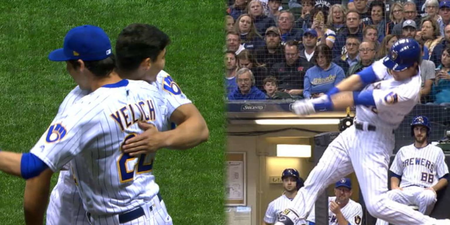 Christian Yelich's brother, Cameron, joins him at the game, then Yelich  hits a homer 