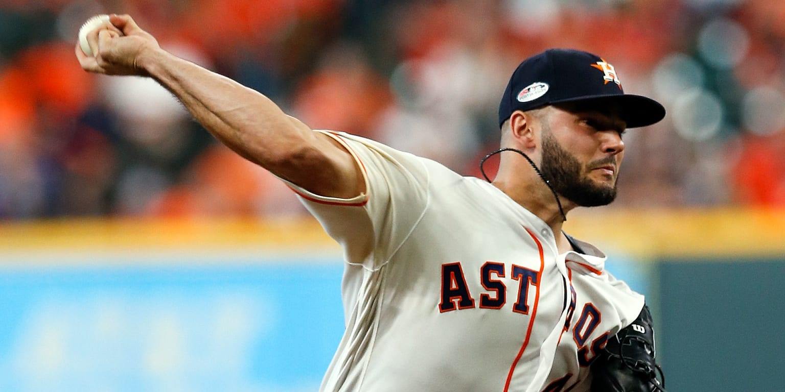 HOUSTON, TX - SEPTEMBER 15: Houston Astros starting pitcher Lance McCullers  Jr. (43) watches the pitch in the top of the first inning during the MLB  game between the Oakland Athletics and