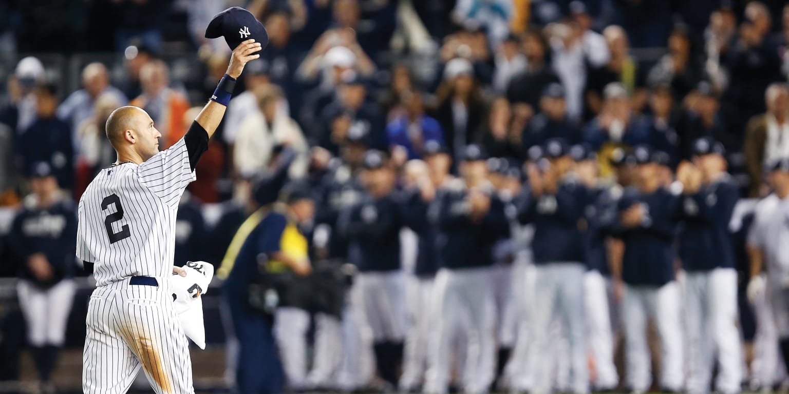 New York Yankees' shortstop Derek Jeter watches his double play
