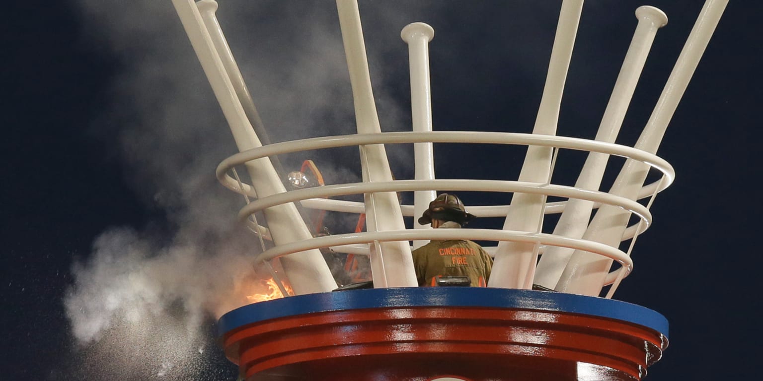 Smoke Stack catchs fire at Great American Ball Park during the game