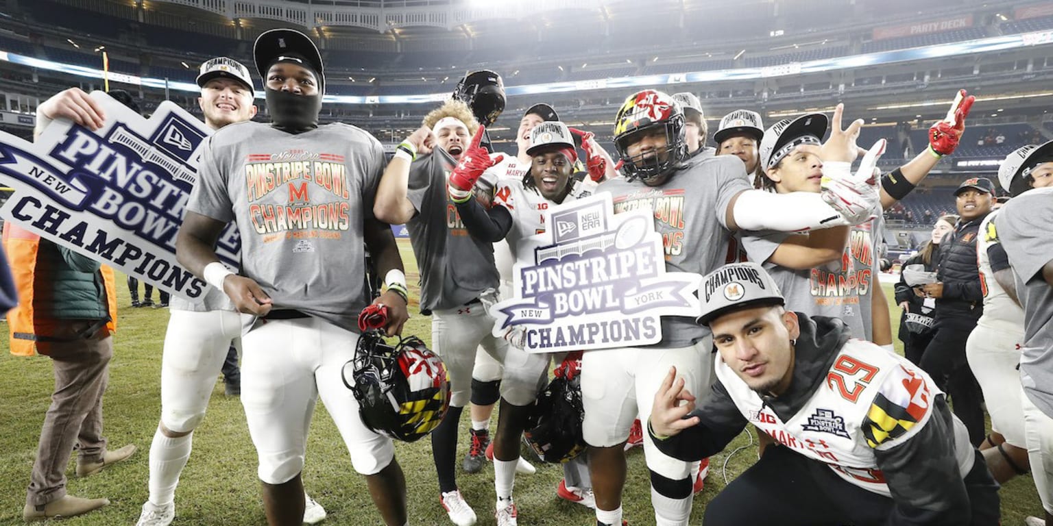 Maryland celebrates in Yankee Stadium after winning Pinstripe Bowl against former ACC rival Virginia Tech