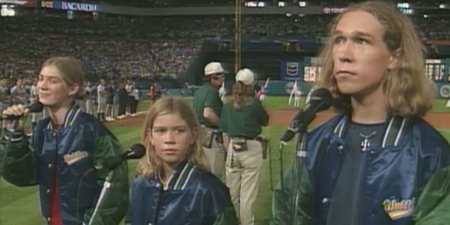 The Backstreet Boys peform the National Anthem before game one of