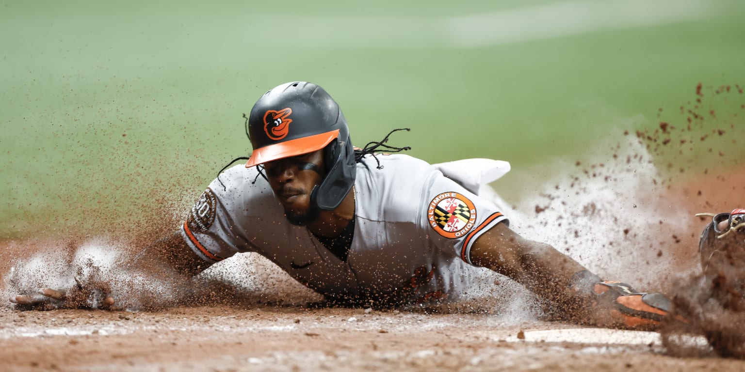 Jorge Mateo of the Baltimore Orioles reacts after hitting a double to