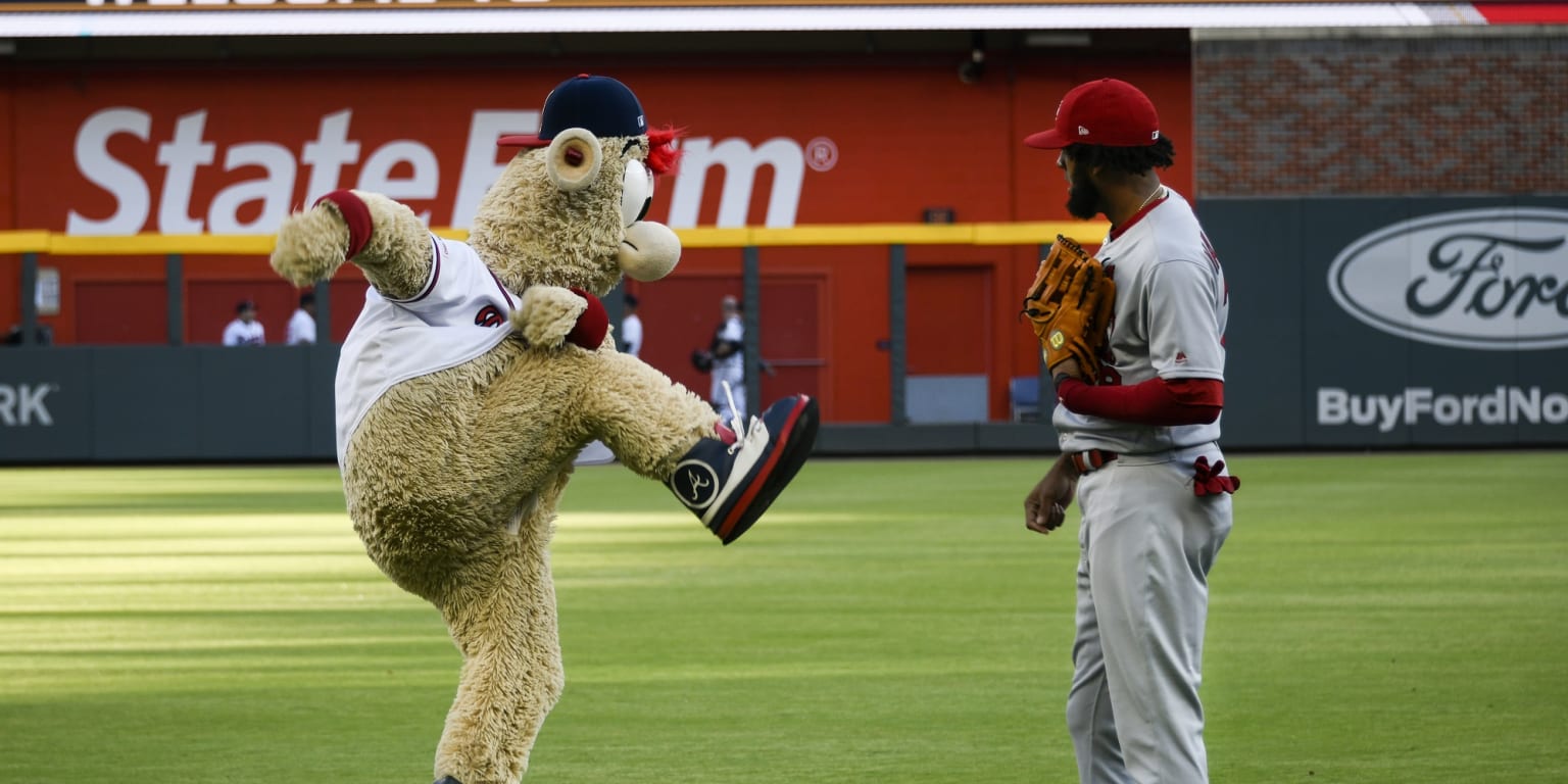 Atlanta Braves mascot Blooper on the field before a baseball game