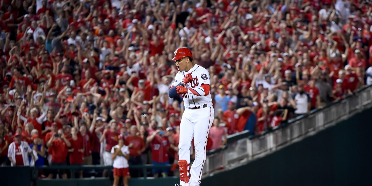 WASHINGTON, DC - JULY 31: Washington Nationals right fielder Juan Soto (22)  watches a hit during the Chicago Cubs versus Washington Nationals MLB game  at Nationals Park on July 31, 2021 in