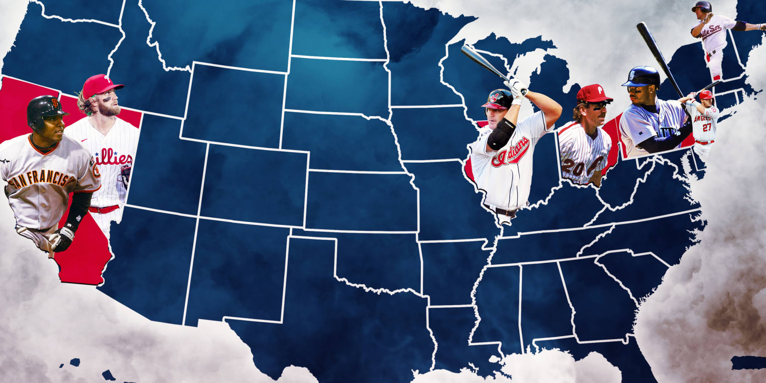 Most home runs from player born in each state