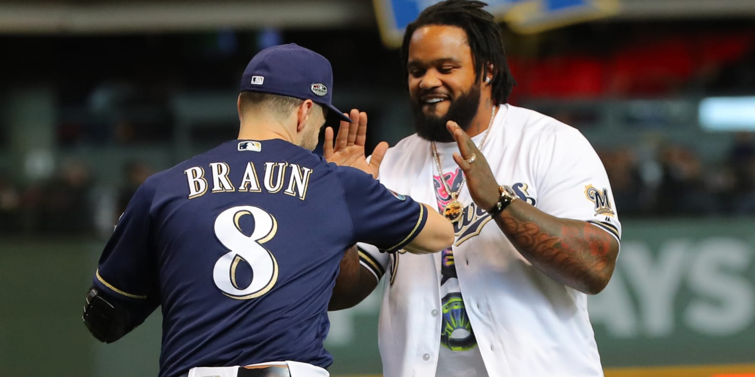 Former Milwaukee Brewers player Prince Fielder throws a ceremonial