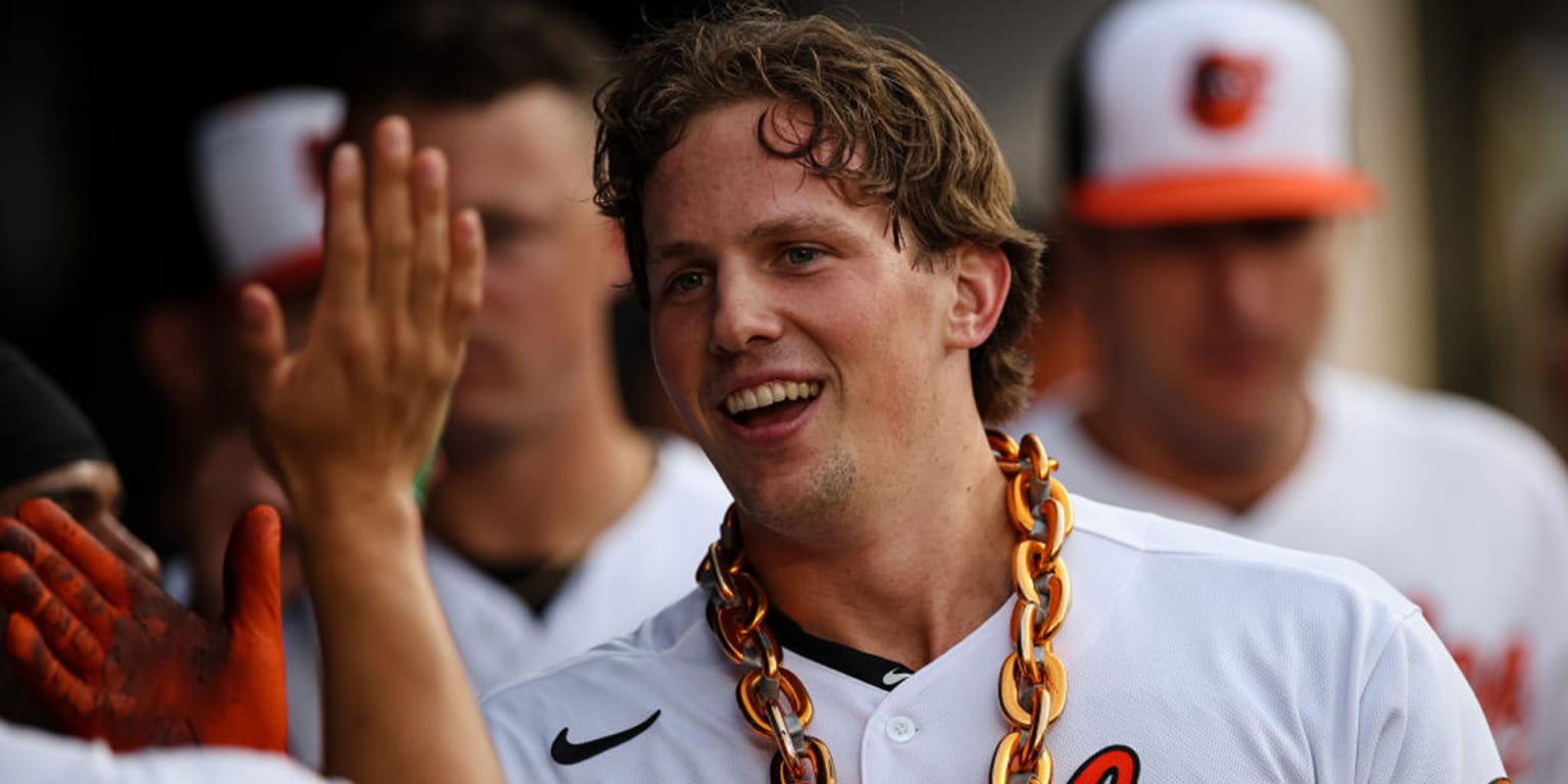 Baltimore Orioles' Adley Rutschman follows through on a swing during the  first inning of a baseball game between the Baltimore Orioles and the  Toronto Blue Jays, Thursday, Aug. 24, 2023, in Baltimore.