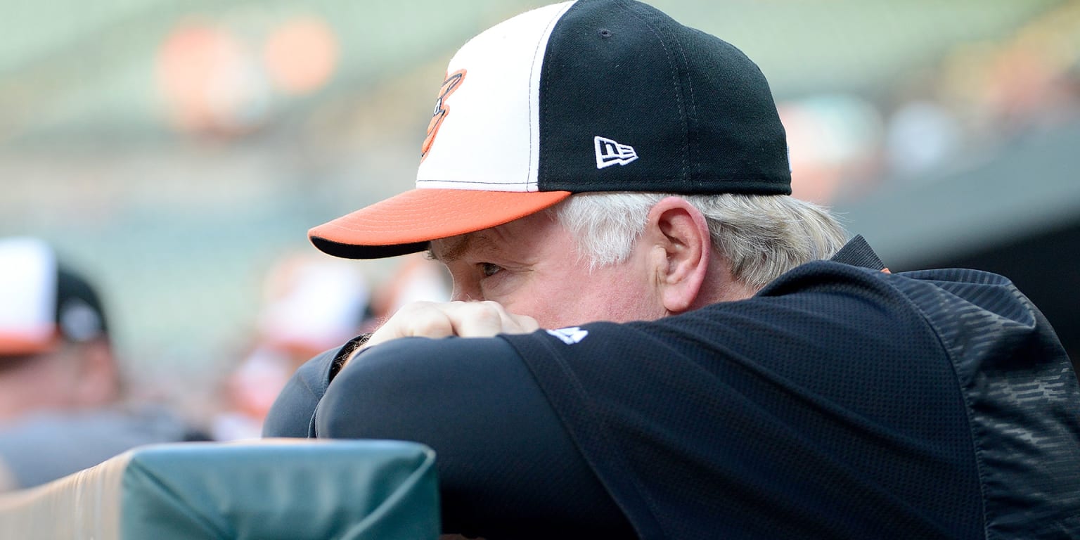 Baltimore Orioles manager Buck Showalter (26) watches as his team