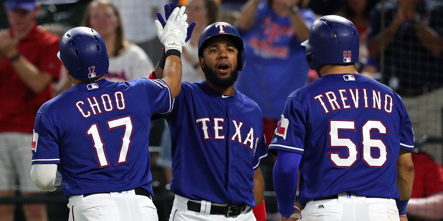 Texas Rangers catcher Jose Trevino, left, and relief pitcher Ian