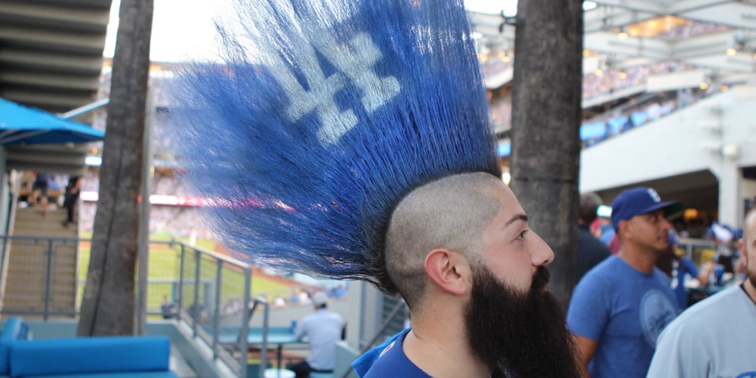 Be inspired by this fan's gigantic Dodger Blue mohawk at NLCS Game