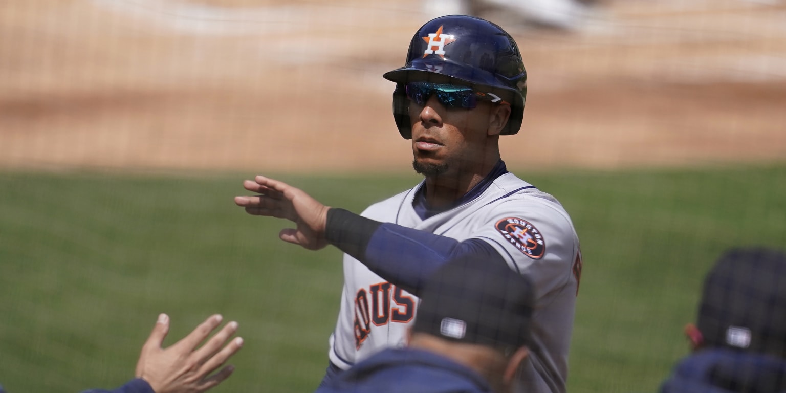 Michael Brantley leaves after being hit by a pitch