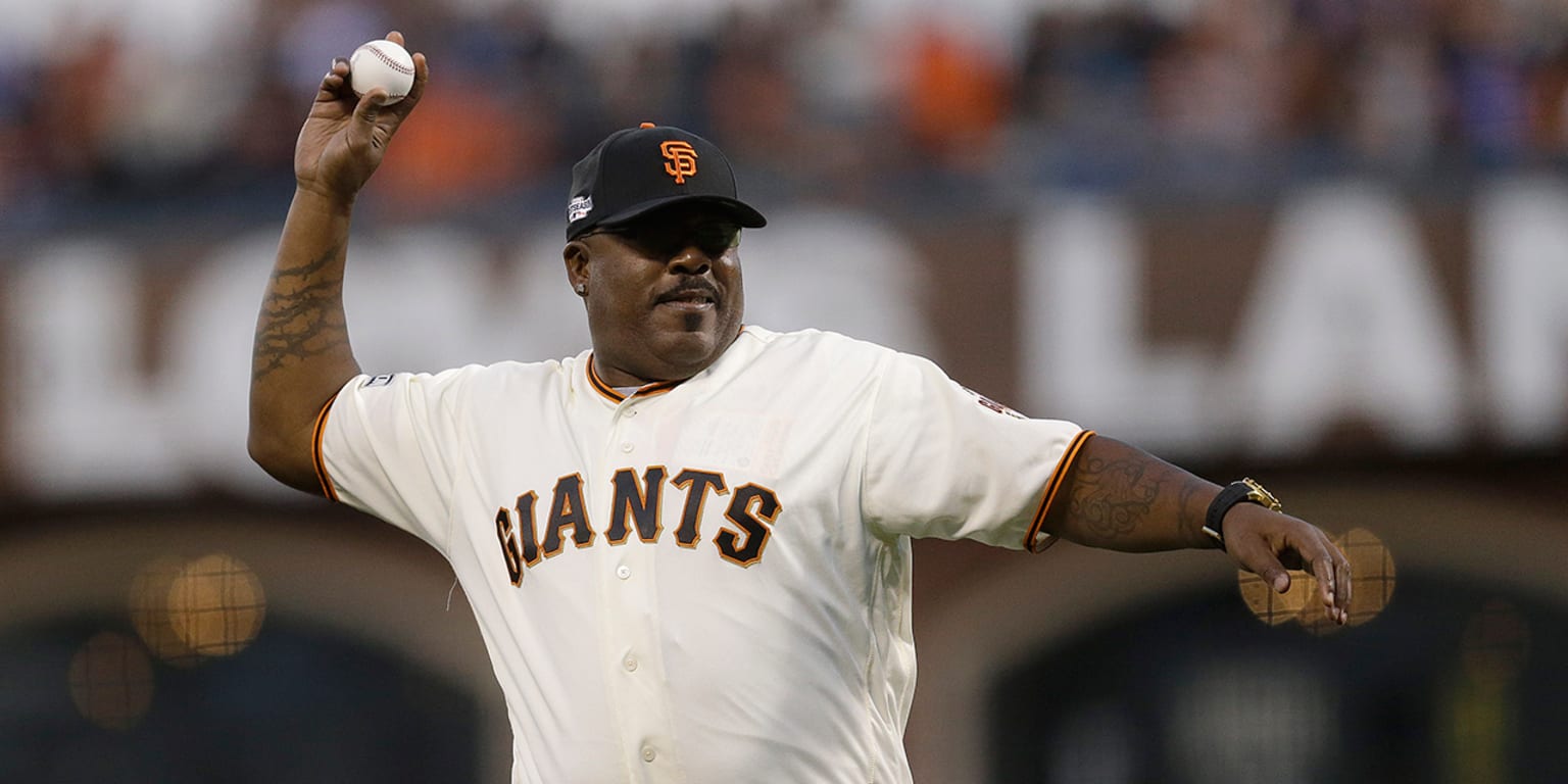 Kevin Mitchell throws NLDS Game 3 first pitch