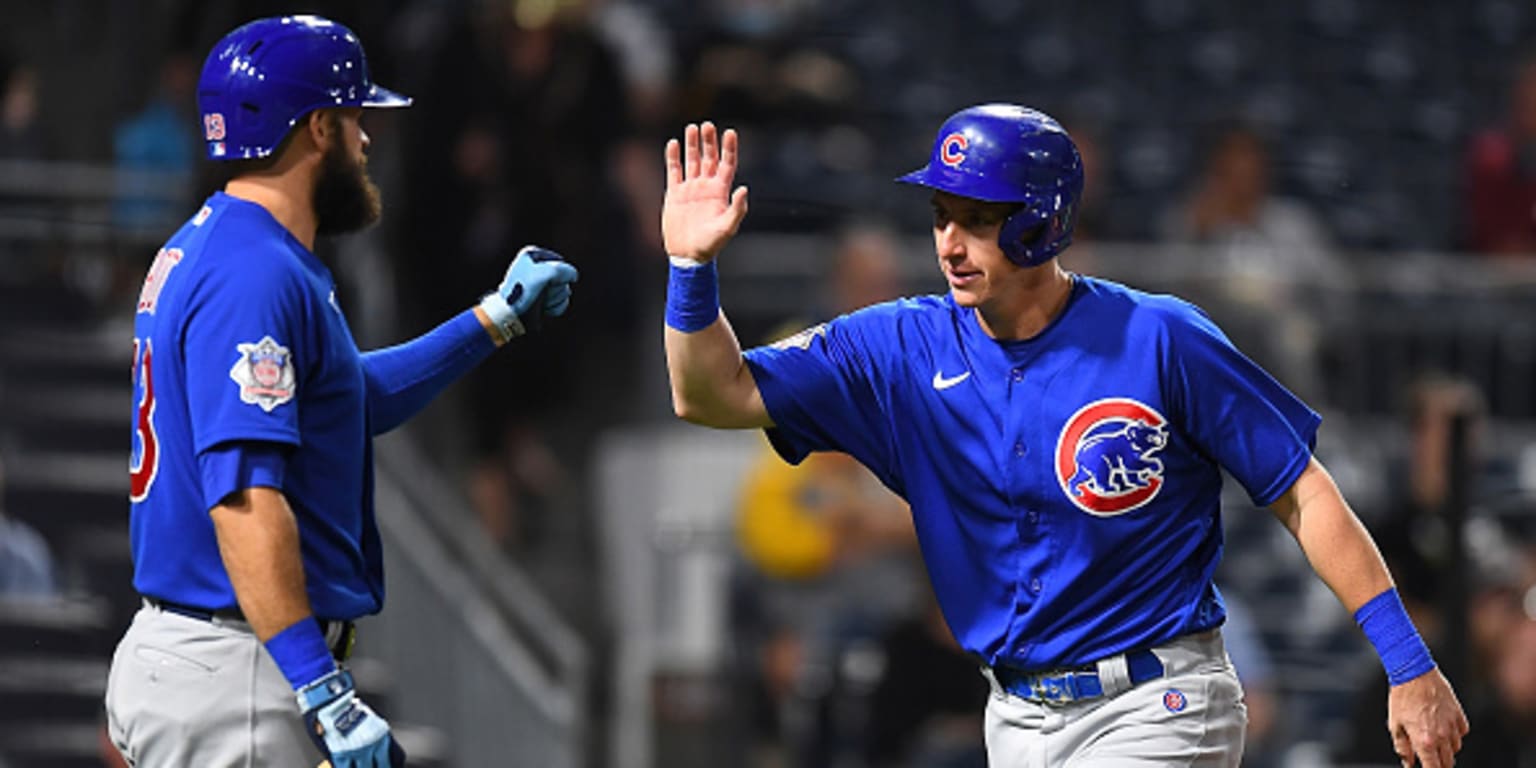 The Chicago Cubs' Frank Schwindel, Rafael Ortega, and Patrick