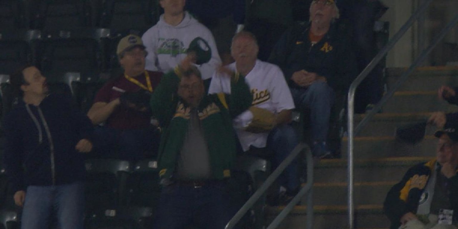A's fan gets his hat knocked off by foul ball