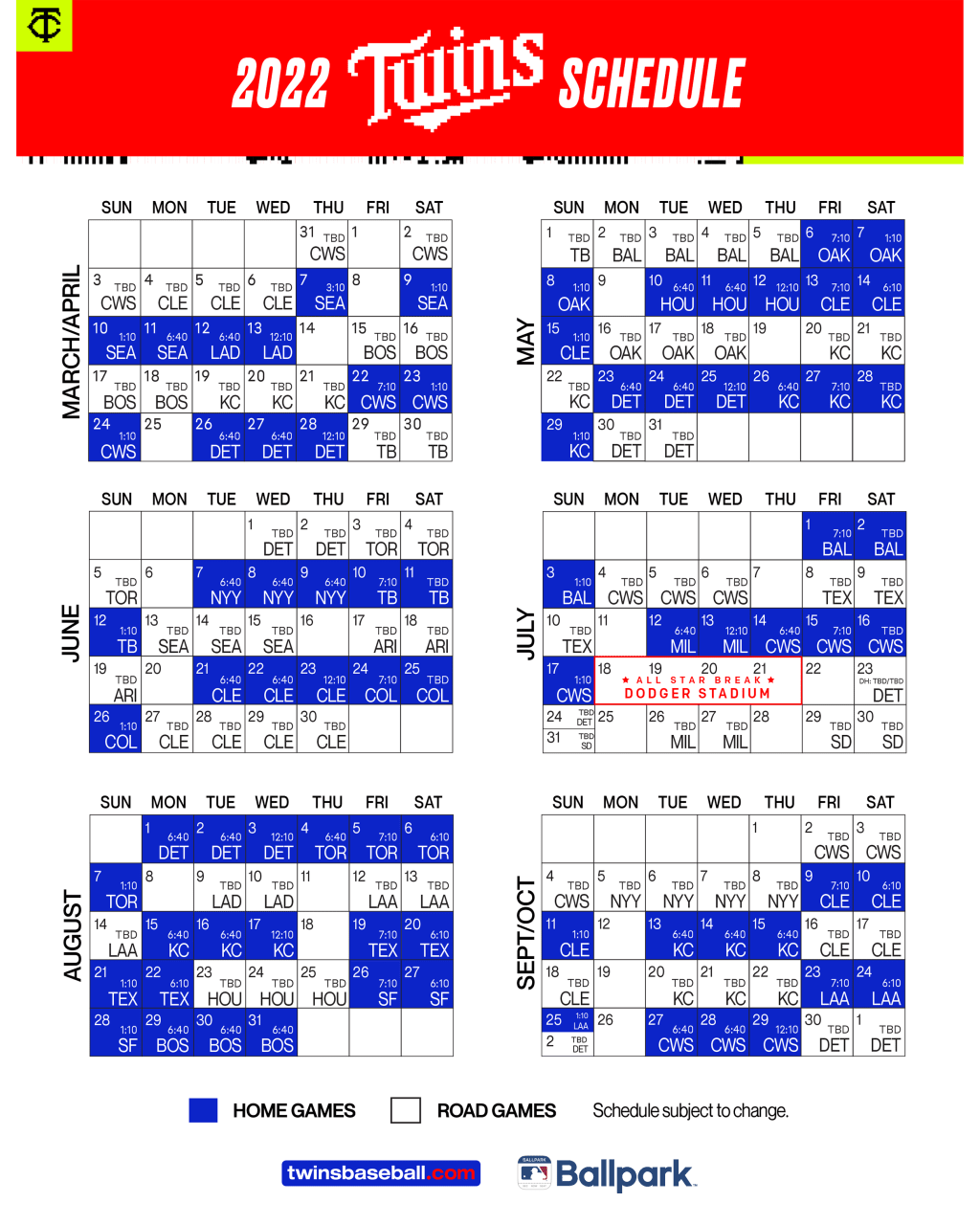 Printable Schedule | Minnesota Twins