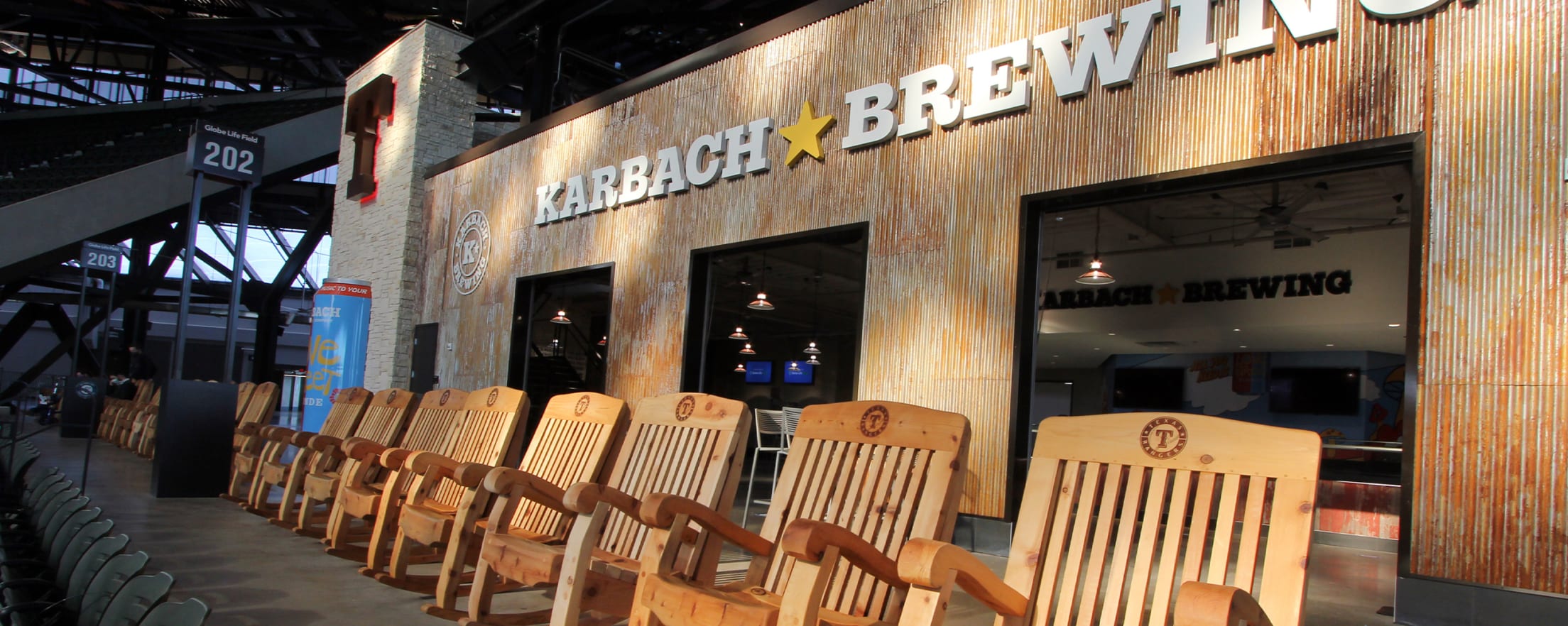 Texas Rangers Wild Rag Deck And Karbach Brewing Sky Porch Rocking Chairs