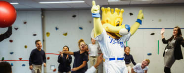 Sluggerrr, mascot, Kansas City Royals, blue neon lights, MLB