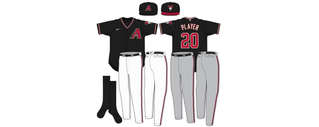 Arizona Diamondbacks baseball uniform. Ball cap, team top, white pants.  Baseball bat, ball and knee high socks. Fits 18 boy/girl dolls.