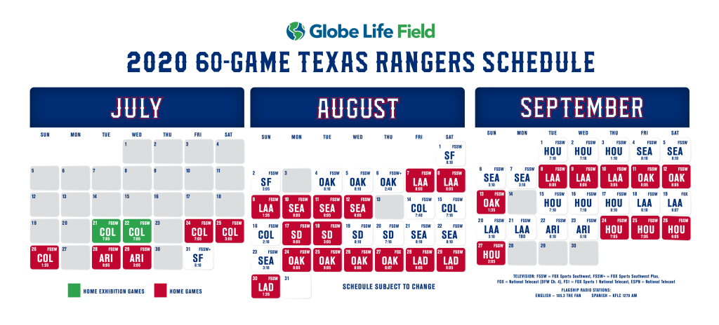 Texas Rangers Printable Schedule | Texas Rangers