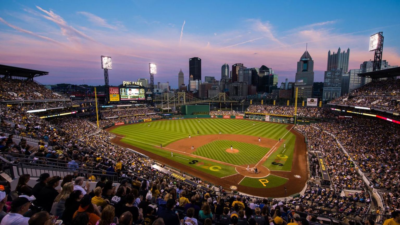 Sunset Over Mlb Baseball Staduim Pnc Park With No Fans Due To