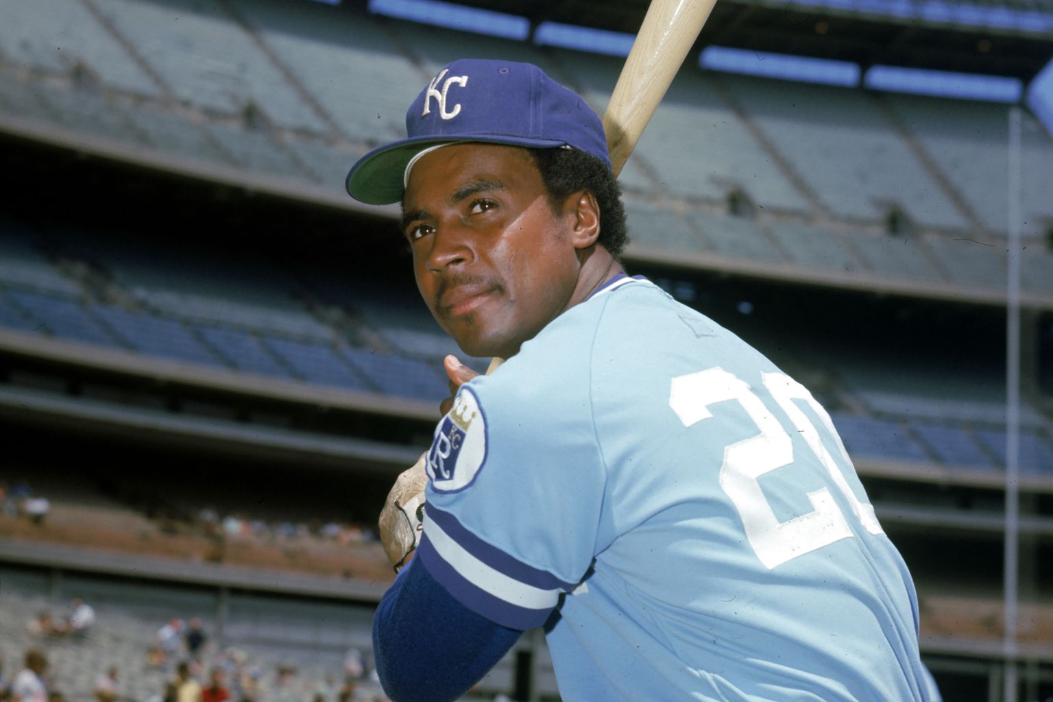 Frank White of the Kansas City Royals is shown at bat, date and