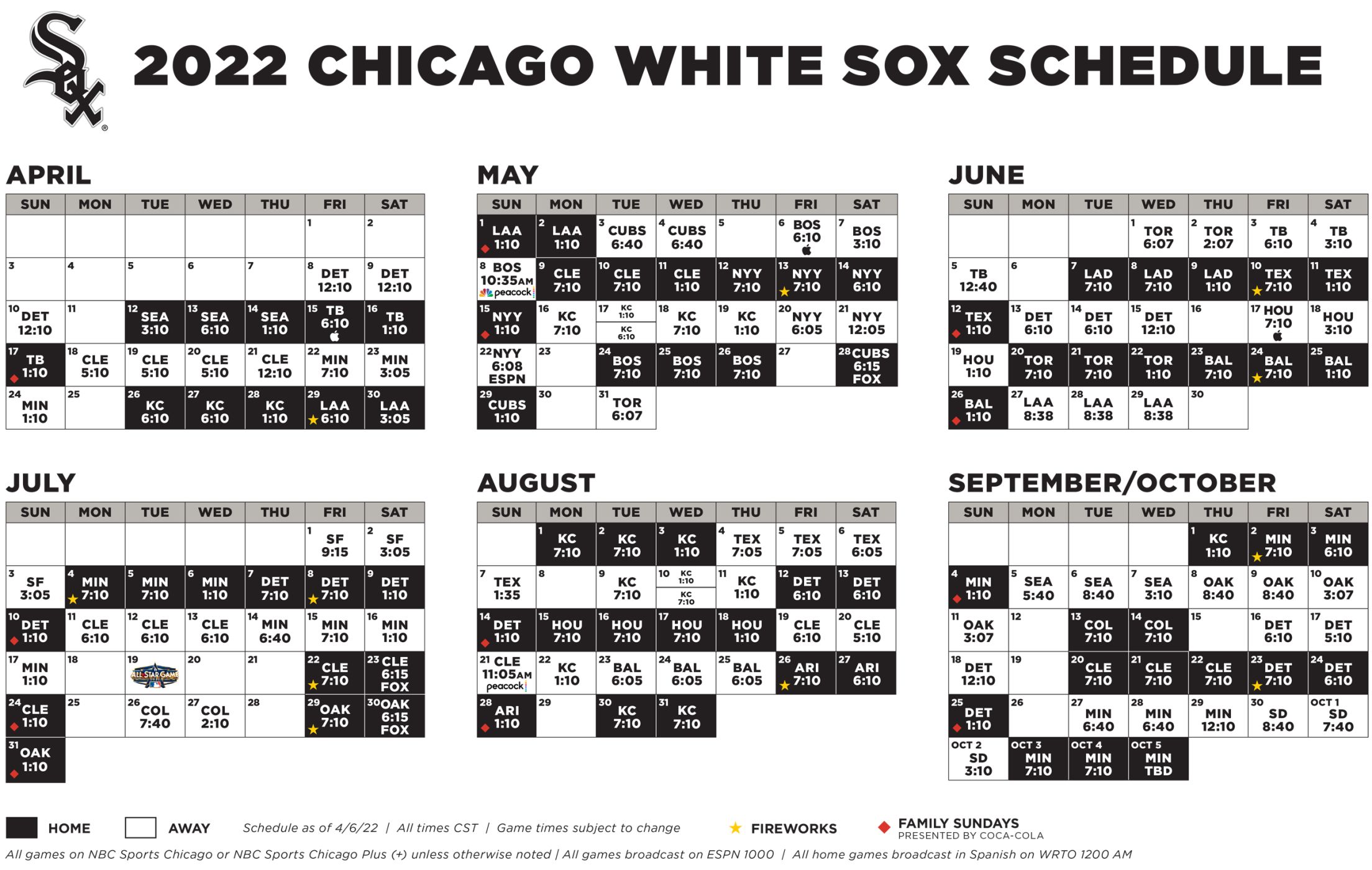 White Sox Printable Schedule Chicago White Sox