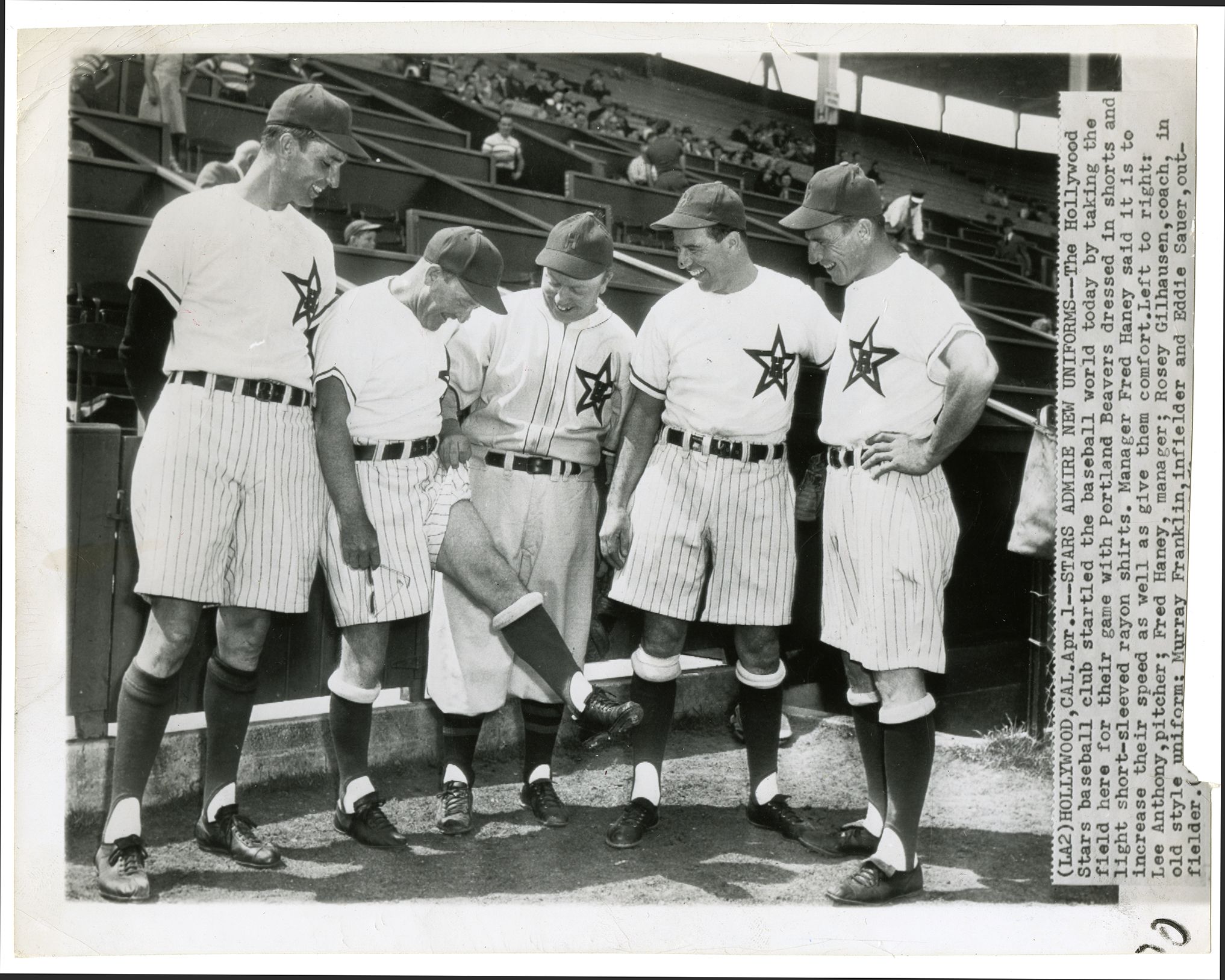 The Hollywood Stars donning their new uniforms. (Courtesy the Dick Dobbins Collection on the Pacific Coast League at the California Historical Society. Photo by Associated Press.)