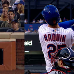 New York Mets' Tyler Naquin watches his home run during the second inning  of the team's baseball game against the Atlanta Braves on Thursday, Aug. 4,  2022, in New York. (AP Photo/Frank