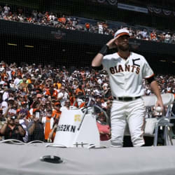 Brandon Belt captain of the ceremonial first pitch at Giants' opener