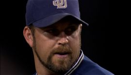 San Diego Padres pitcher Heath Bell, left, looks to the outfield