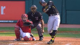 New York Yankees outfielder Tyler Austin (79) hits a home run during a  Spring Training game against the Pittsburgh Pirates on March 5, 2015 at  McKechnie Field in Bradenton, Florida. New York