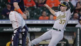 Cal Stevenson of the Oakland Athletics bats during the fifth