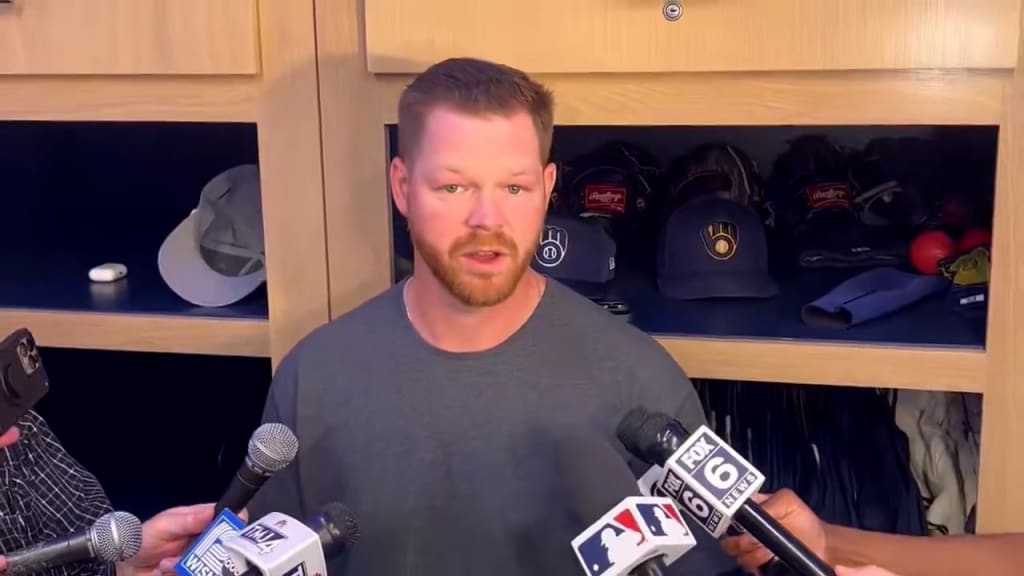 Brandon Woodruff talking to reporters in the Milwaukee Brewers clubhouse in 2026