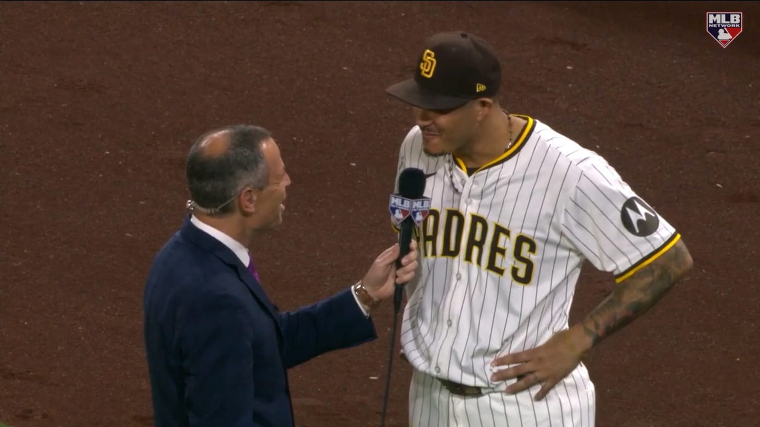 Manny Machado speaking in Padres uniform during a Petco Park postgame interview