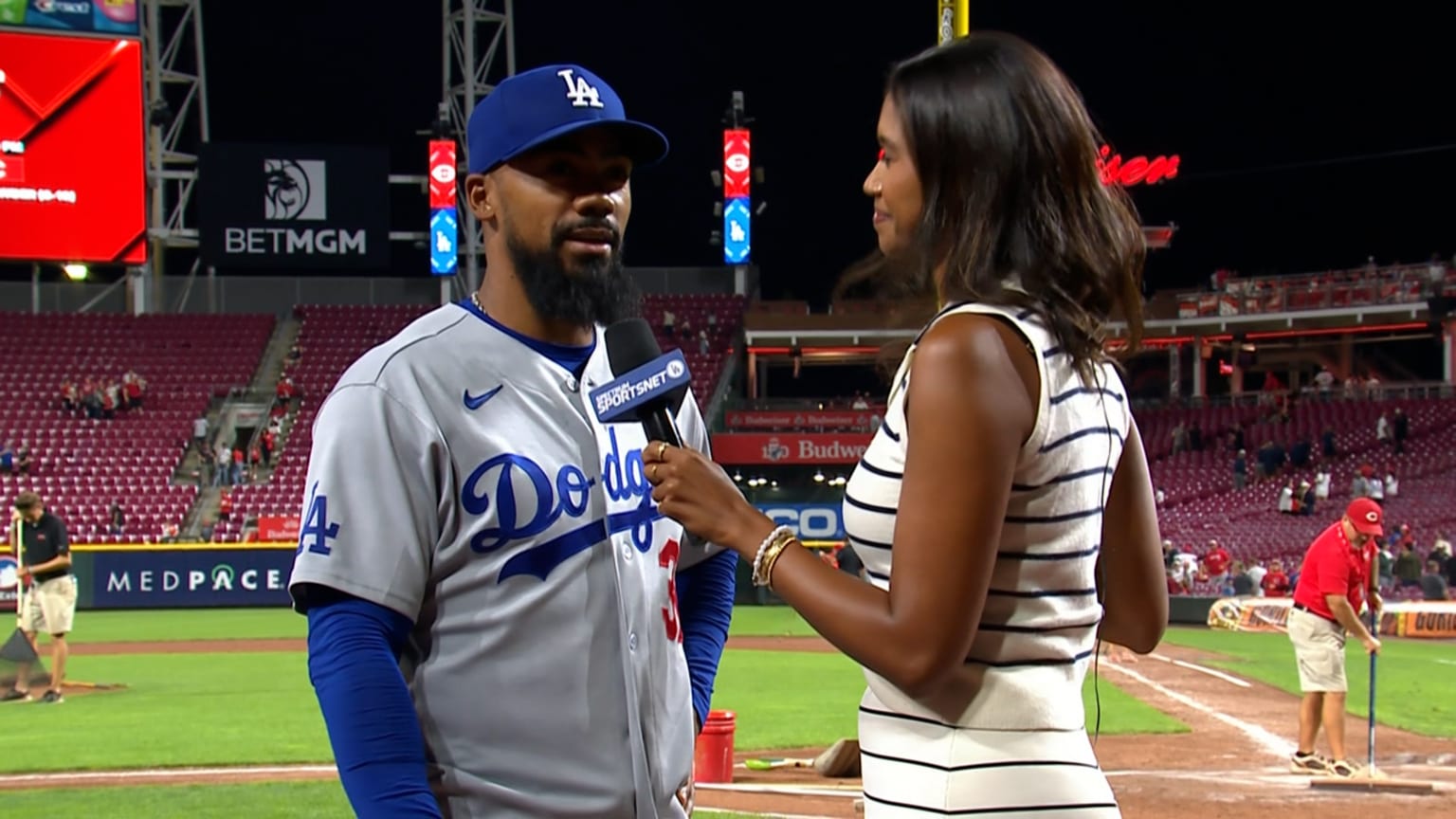 Teoscar Hernández interviewed in his Los Angeles Dodgers uniform during the 2026 season